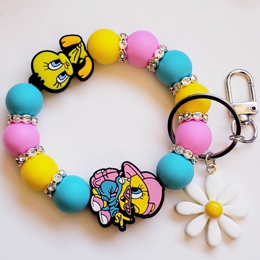 Handmade Daisy Tweety Bird Silicone Focal Bead Wristlet Keychain Bracelet